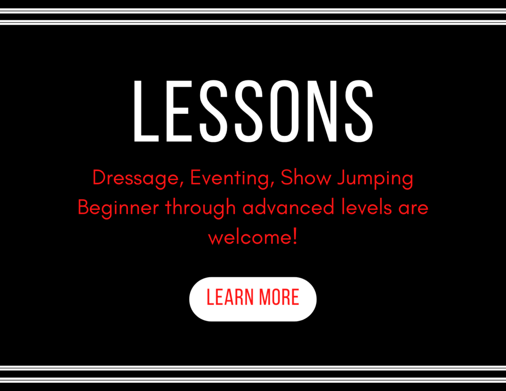 Lessons in dressage, eventing, show jumping. Beginner through advanced levels are welcome!